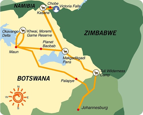 Karte & Reiseverlauf 17- tägige geführte Campingreise ab/bis Johannesburg - Botswana-Zimbabwe Adventure 