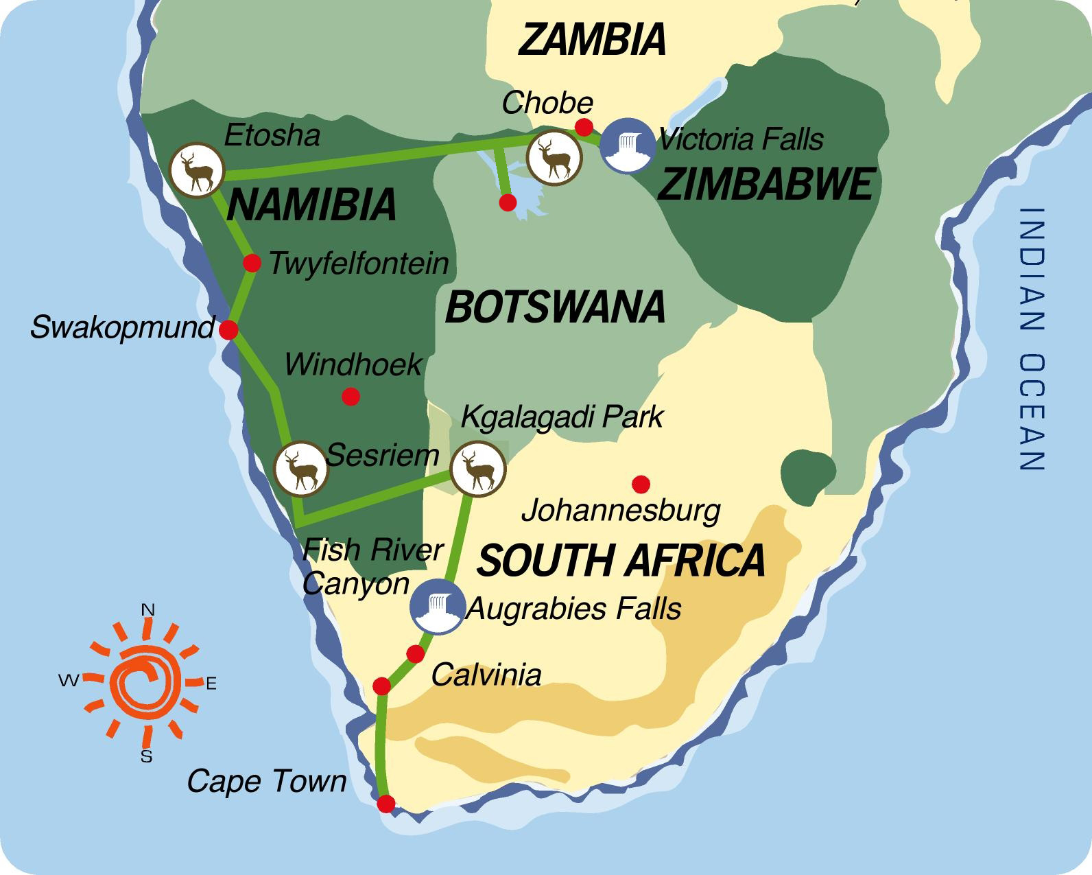  Reiseverlauf: Transkalahari Adventure - Nordtour - 24-tägige Afrika Kleingruppenreise vom Kap bis zu den Viktoriafällen