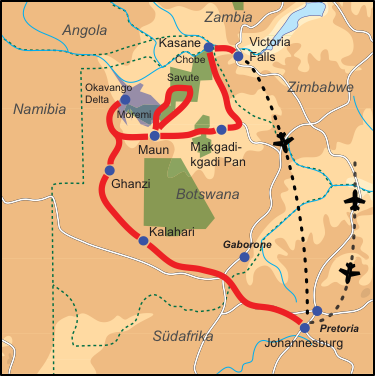 Karte & Reiseverlauf 18-tägige Botswana-Simbabwe Safari 