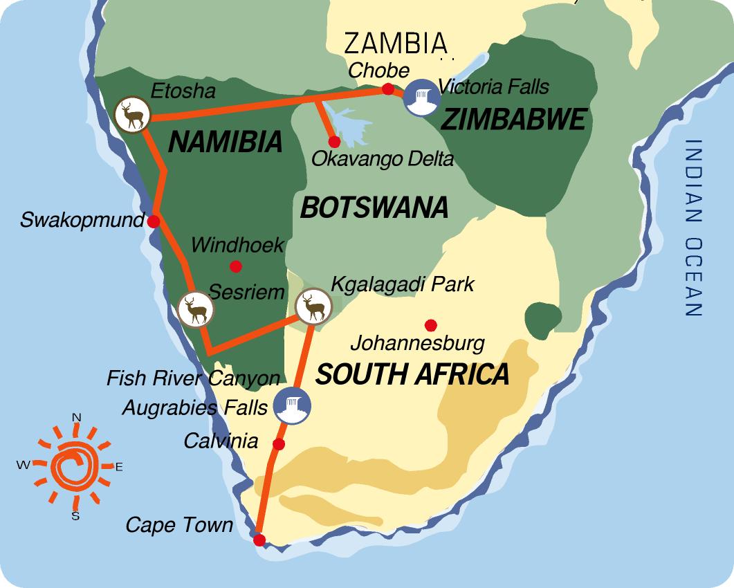 Karte & Reiseverlauf Great Trek - Northbound Adventure - 24-tägige geführte Camping Reise ab Kapstadt bis Victoria Falls
