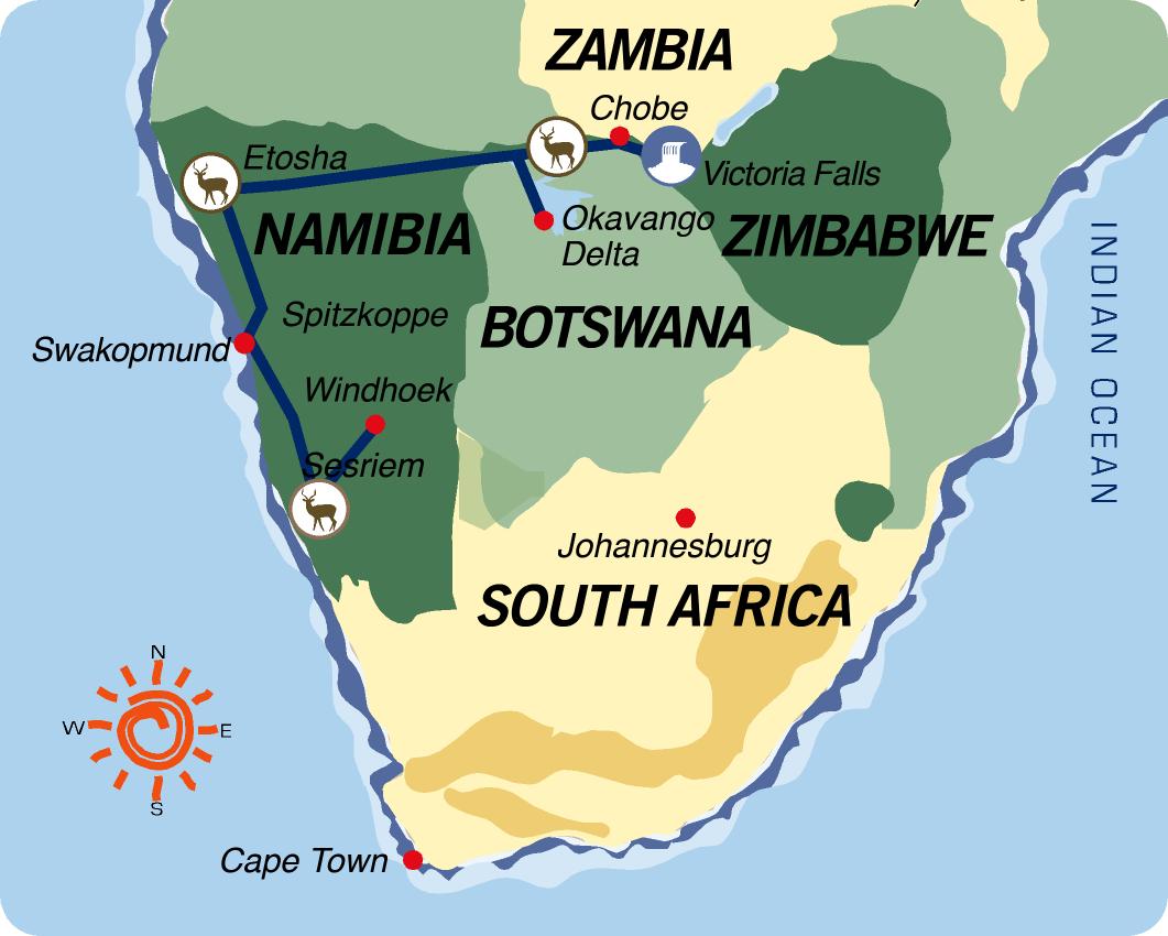 Karte & Reiseverlauf Von den Viktoriafällen in die Namibwüste - 18-tägige geführte Abenteuer Camping Safari ab Victoria Falls bis Windhoek 