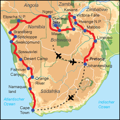 Reiseverlauf Afrika Safari Traum Safari Expeditionstruck 4 Länder Tour - Lodge