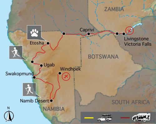 Reiseverlauf Kleingruppenreise durch Namibia und zu den Victoriafällen