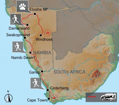Reiseverlauf der kombinierten Afrika Reise durch Südafrika und Namibia