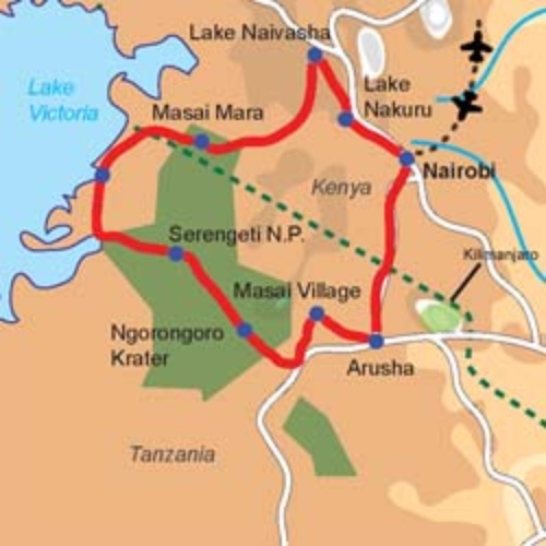 Karte & Reiseverlauf 14-tägige Camping Safari durch Kenia und Tansania