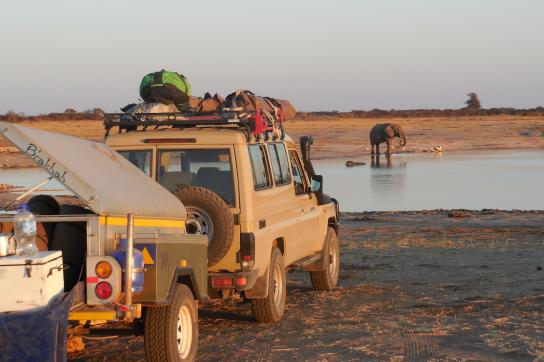Sunway Safari Truck am Wasserloch mit Elefant im Hwange National Park