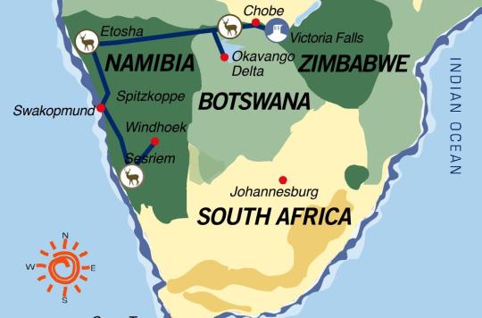Karte &amp; Reiseverlauf: Von den Viktoriafällen in die Namibwüste